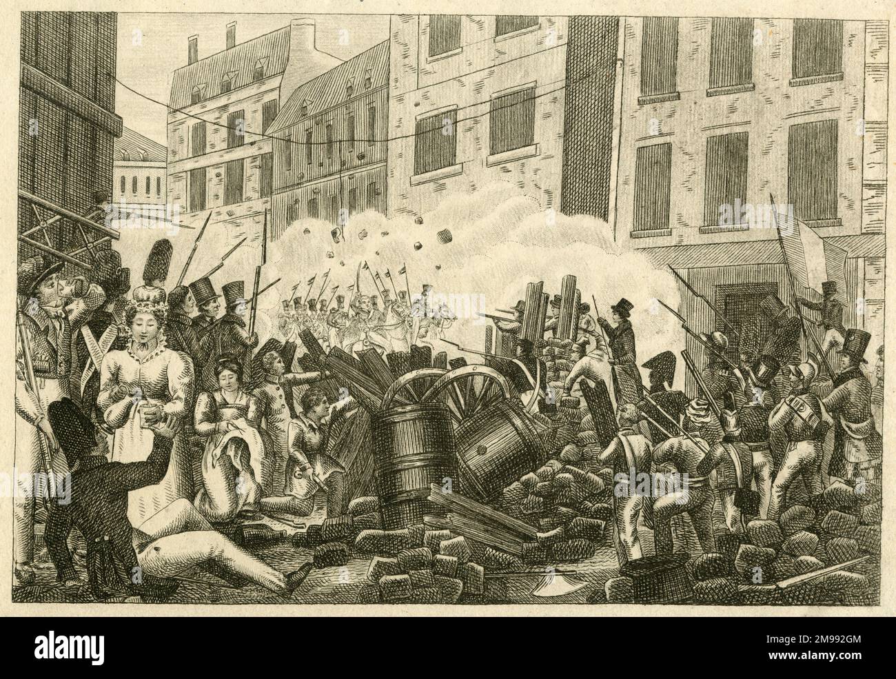 Barricade dans la rue de Lechelle, Paris, France, 28 juillet 1830. Swiss et Lanciers voulaient percer le passage, mais les ouvriers intrépides ont tant résisté qu'ils ont forcé leur chemin vers le retour. Banque D'Images