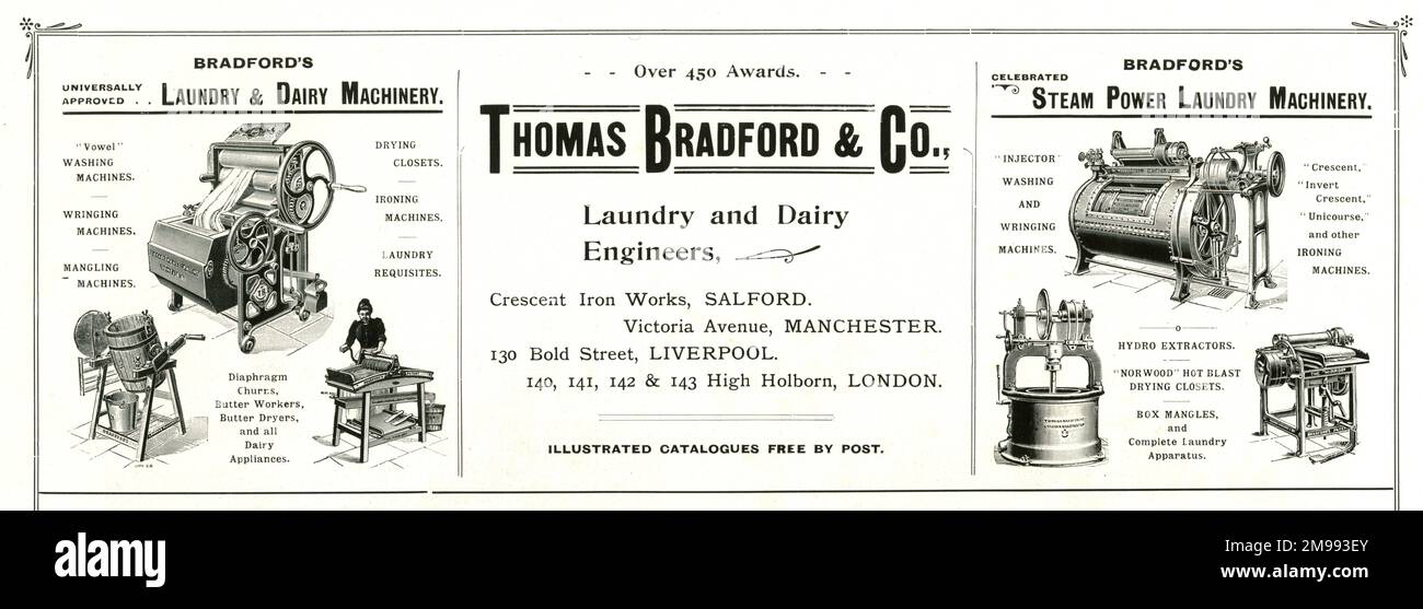 Publicité, Thomas Bradford & Co, Steam Power Laundry et Dairy Machinery. Banque D'Images