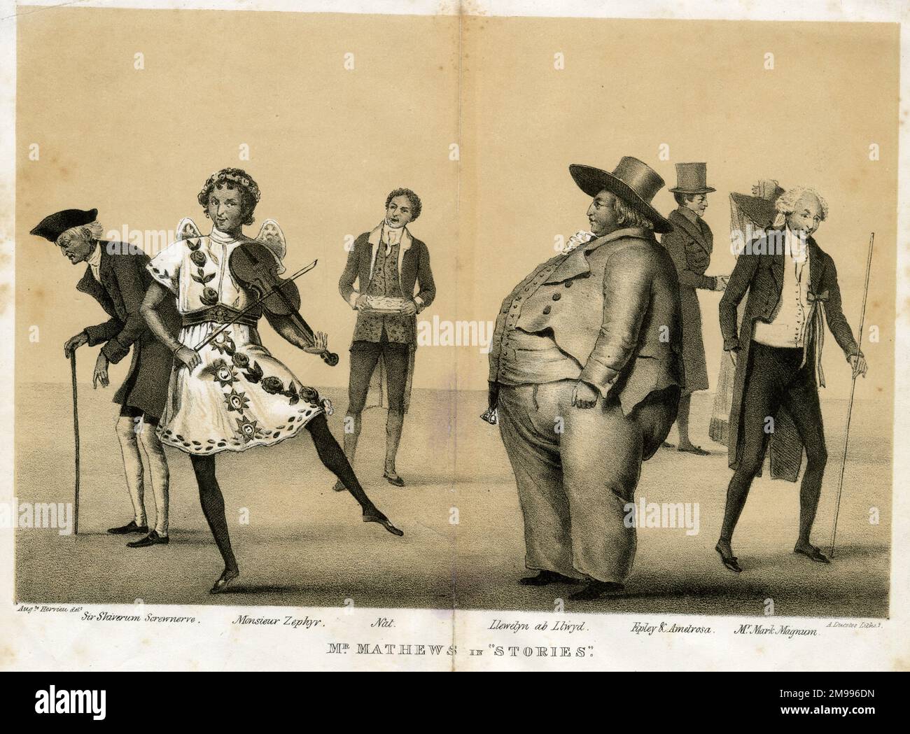 Charles Mathews, comique, jouant six parties dans Stories, montrant son aspect distinctif, bouche à bec et cadeau remarquable pour le mimétisme. Banque D'Images