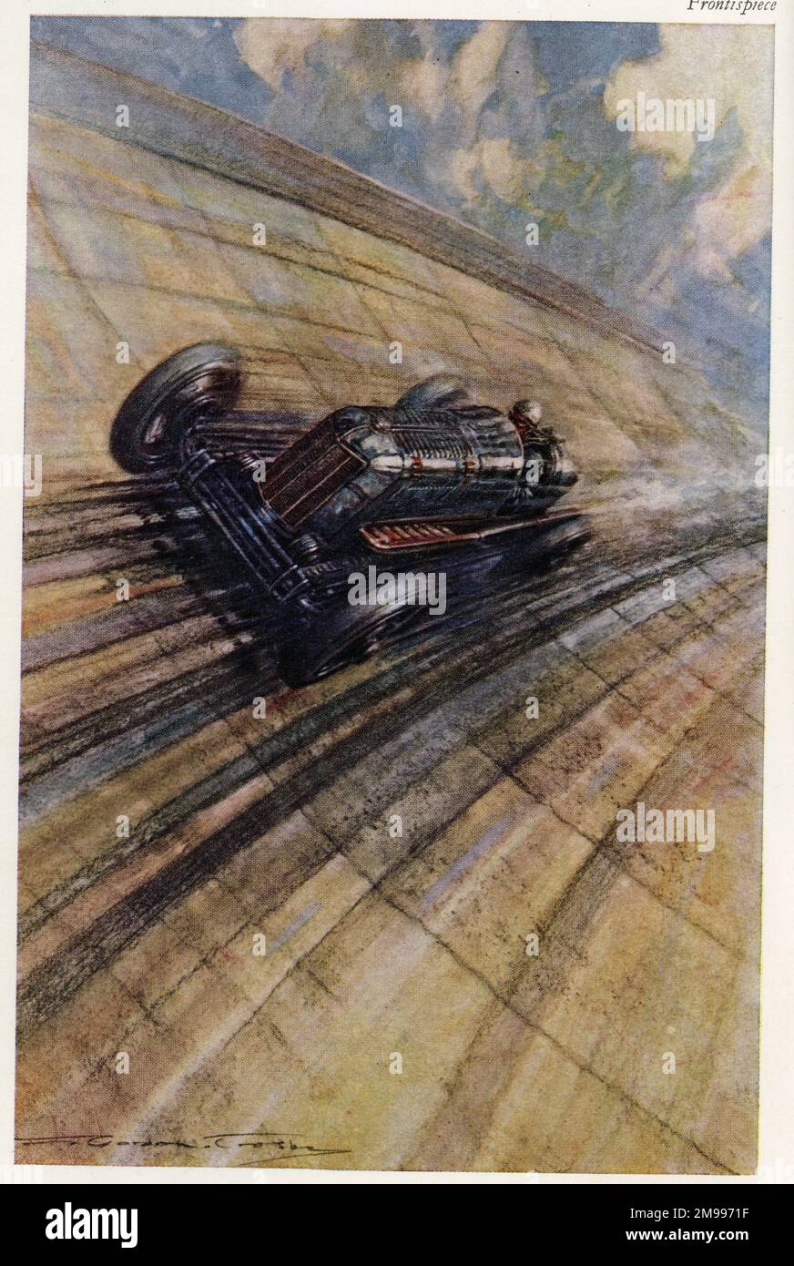 Le Derby-Miller a enregistré des records de rupture de voitures de course à Linas-Montlhery, en France, à partir d'un dessin de F Gordon Crosby. Banque D'Images