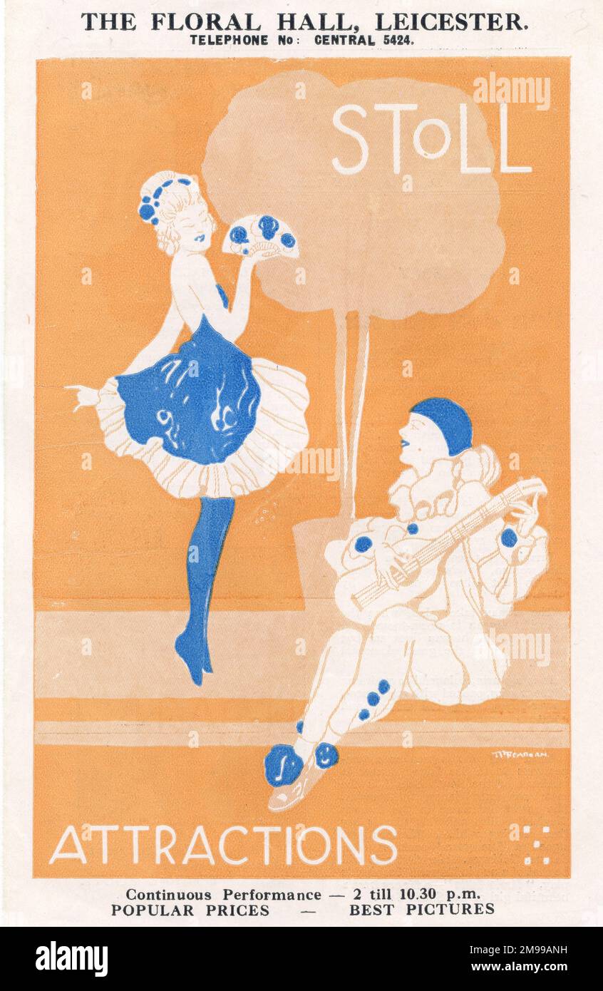 Couverture du Stoll Herald avec un danseur et un arlequin jouant une guitare. Banque D'Images