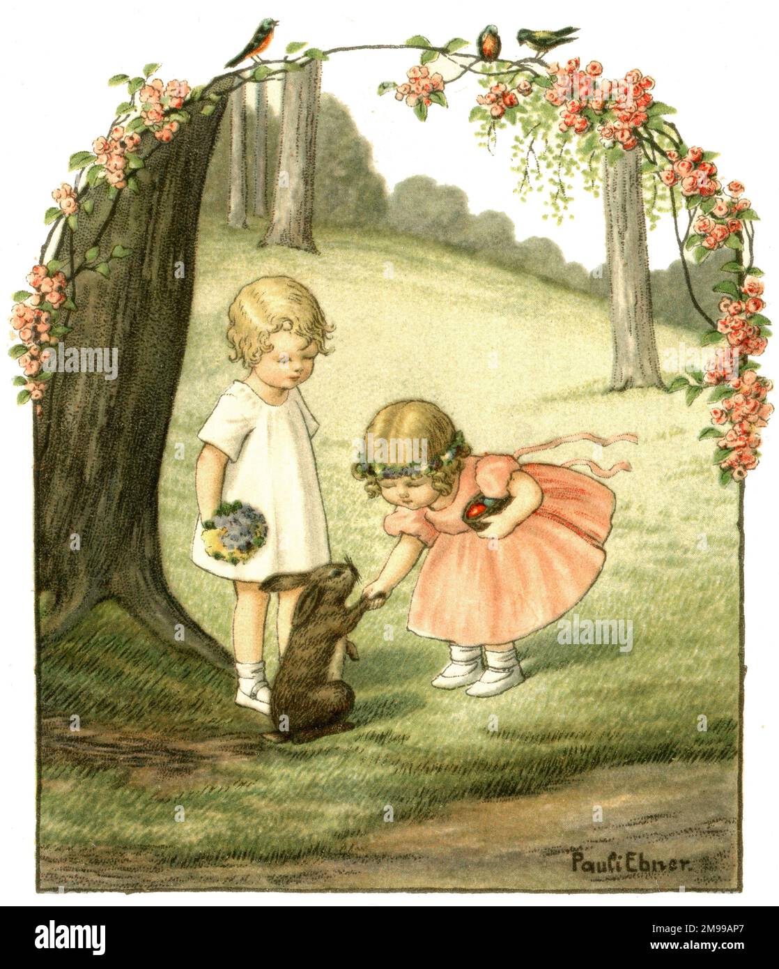 Deux enfants rencontrent le lapin de Pâques dans les bois Banque D'Images