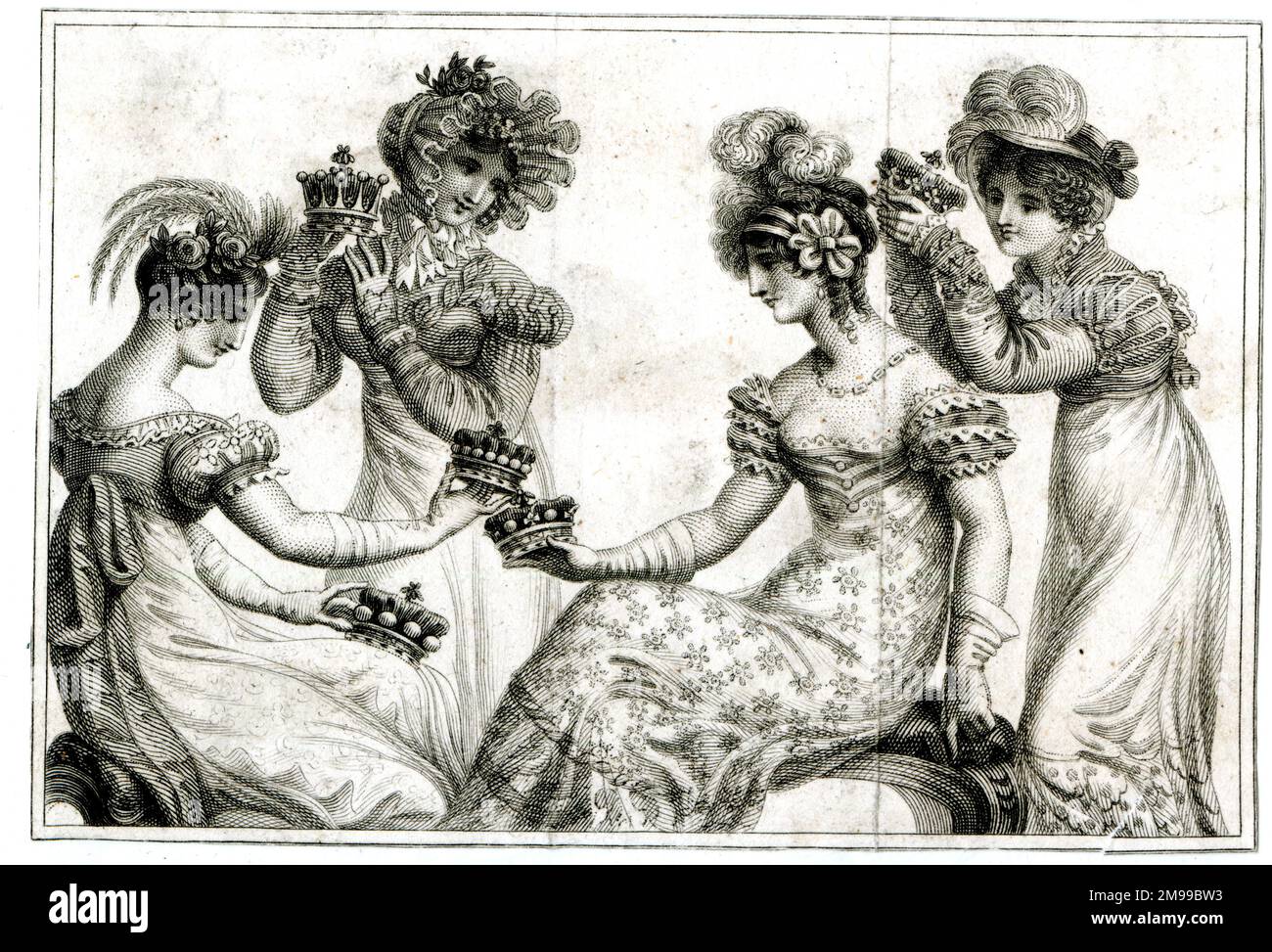 Quatre femmes comparant cinq couronnes. Banque D'Images
