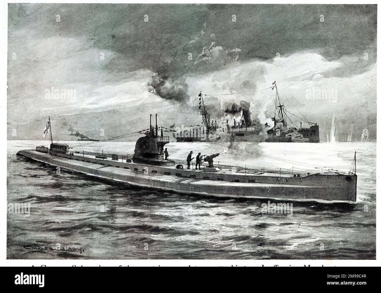 Sous-marin allemand (U-boat) attaquant un navire marchand, première Guerre mondiale. Banque D'Images