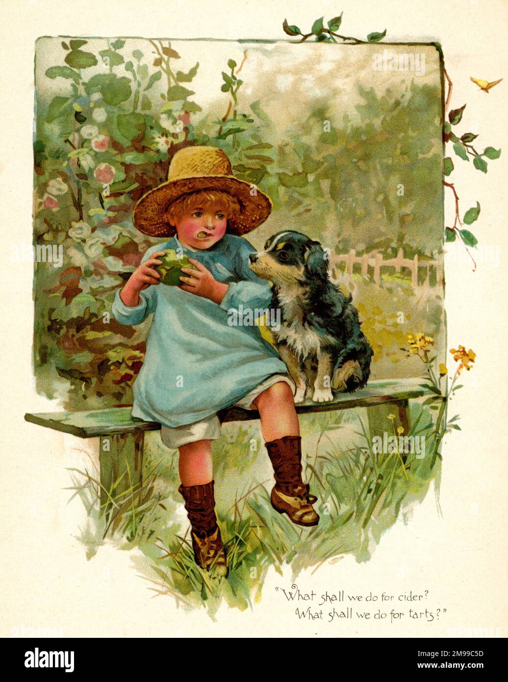 Illustration, enfant mangeant une pomme, surveillé par un chien. Banque D'Images