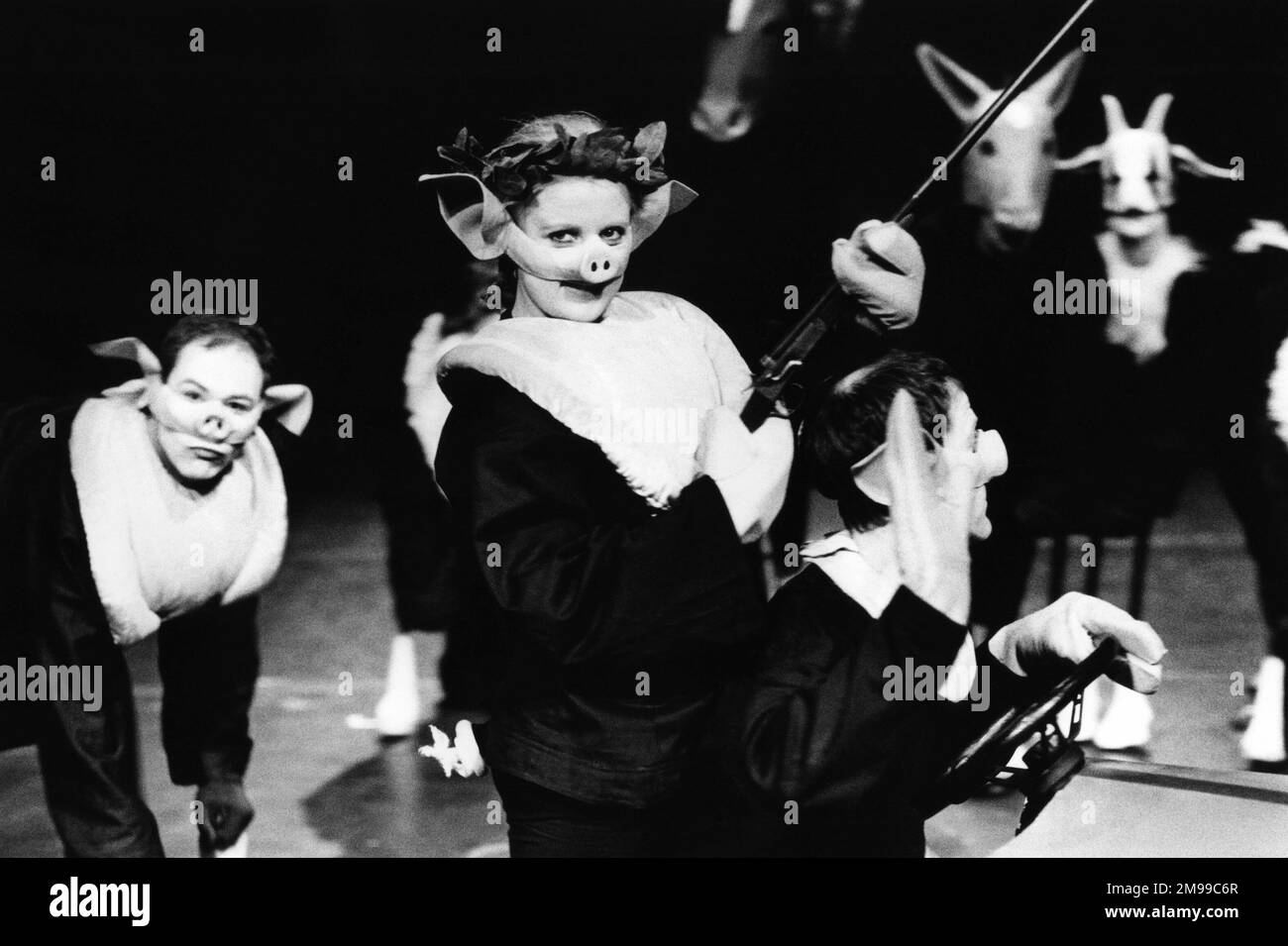 Wendy Morgan (Minimus) dans UNE FERME ANIMALIÈRE par George Orwell au Cottesloe Theatre, National Theatre (NT), Londres SE1 25/04/1984 adapté et réalisé par Peter Hall design: Jennifer Carey éclairage: John Bury mouvement: Stuart Hopps Banque D'Images