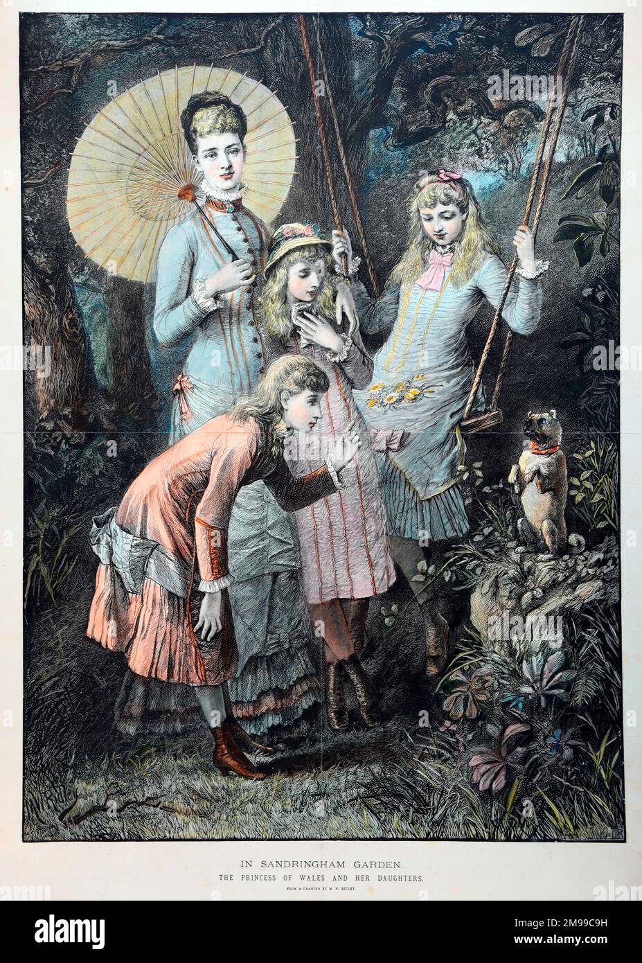 Dans le jardin de Sandringham - Alexandra, princesse de Galles, et ses trois filles jouant avec leur chien de la petite compagnie. Banque D'Images