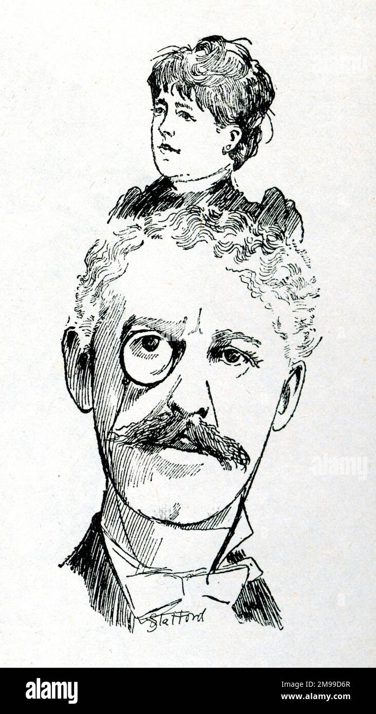 Caricature, sir Squire Bancroft (1841-1926), comédien-gérant anglais, et son épouse Marie Effie Wilton, Lady Bancroft (1839-1921), actrice et réalisatrice de théâtre anglaise. Ensemble, ils gèrent le Prince of Wales's Theatre et plus tard le Haymarket Theatre de Londres. Banque D'Images