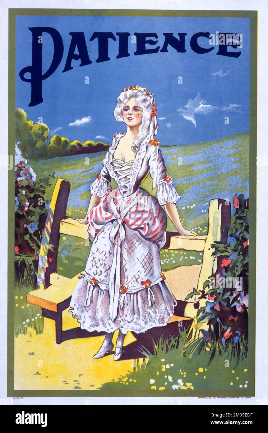 Affiche de théâtre, l'opérette comique de Gilbert et Sullivan, patience, montrant le personnage de titre, une demoiselle de dairymaid. Banque D'Images
