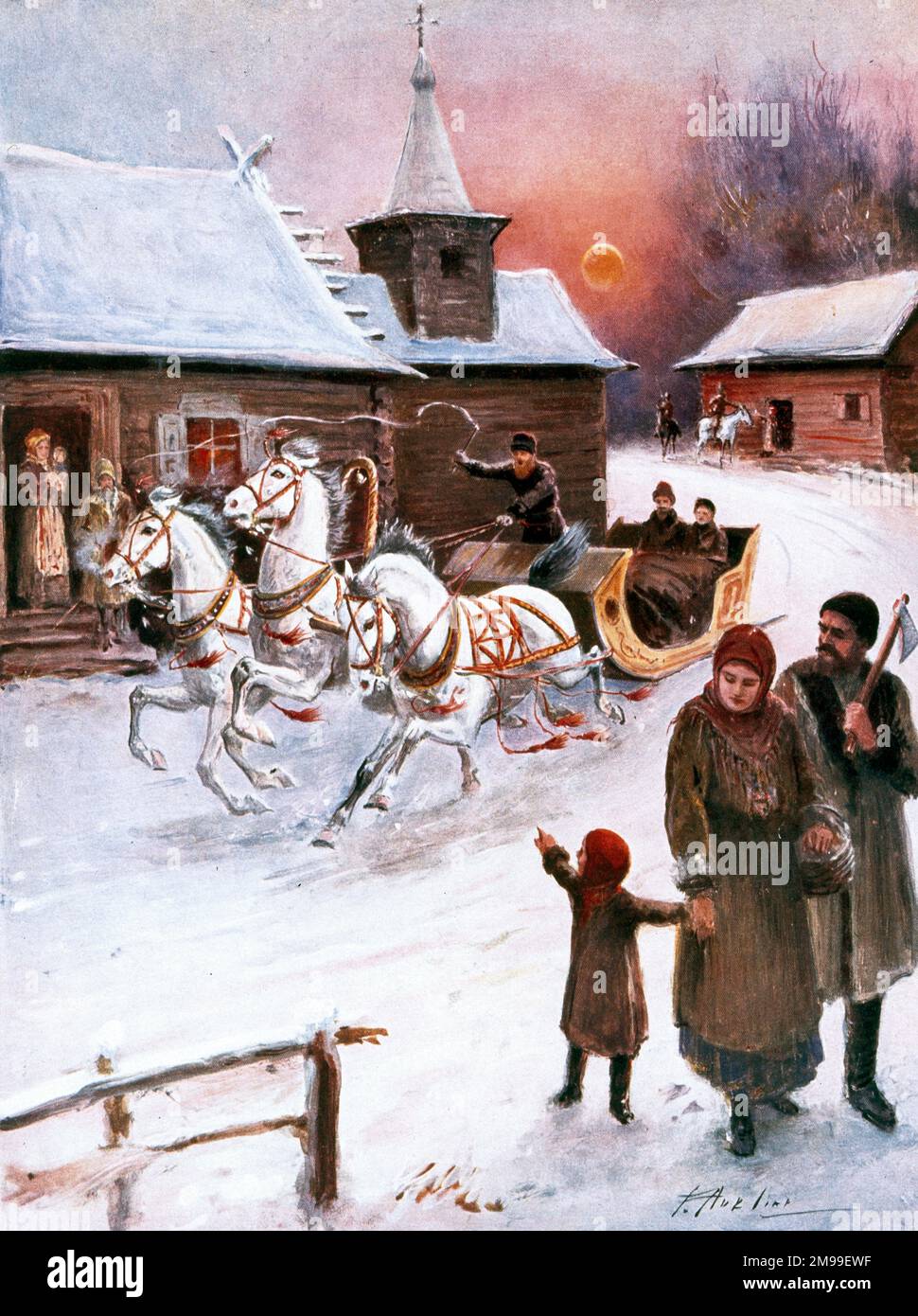 Carte de Noël, scène de neige russe. Banque D'Images