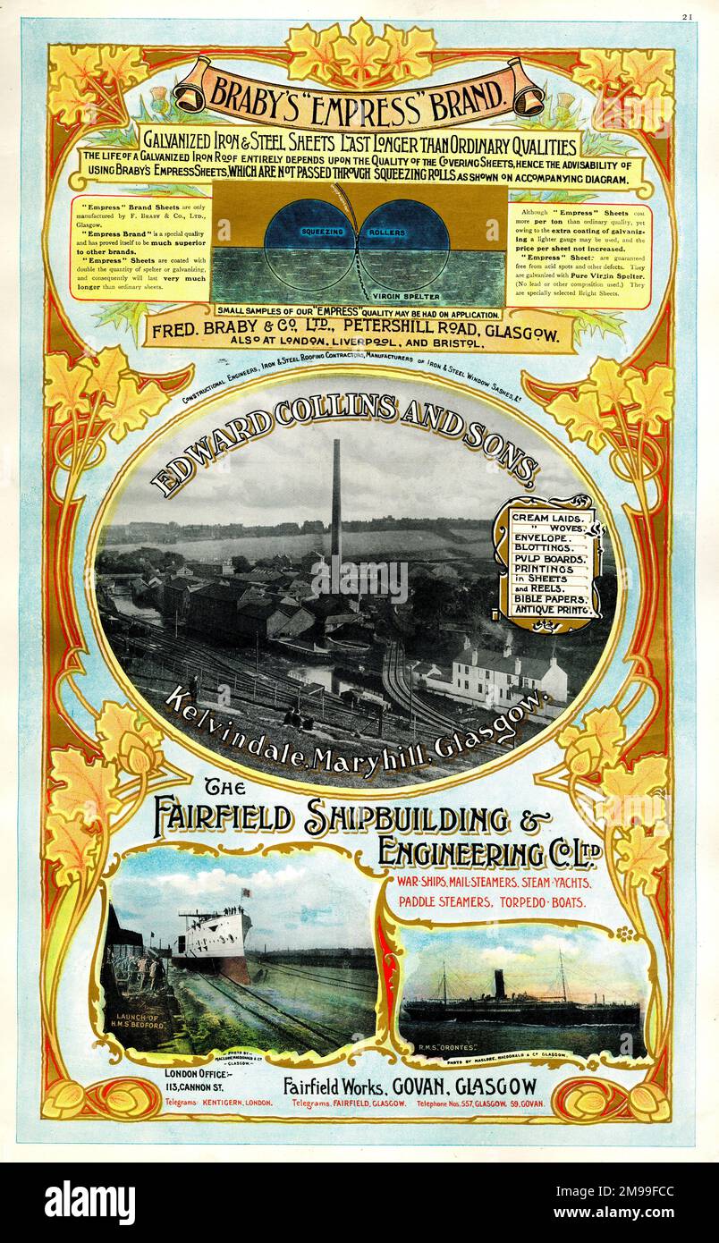 Adverts, Braby's Empress Brand, Edward Curtis and Sons, Fairfield Shipbuilding & Engineering Co Ltd, Glasgow, Écosse. Banque D'Images