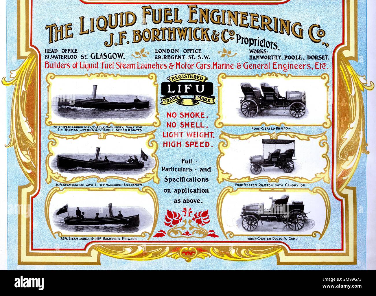 Publicité pour J F Borthwick & Co, constructeurs de lancements maritimes et automobiles, avec Liquid Fuel Engineering, Waterloo Street, Glasgow, Écosse. Banque D'Images