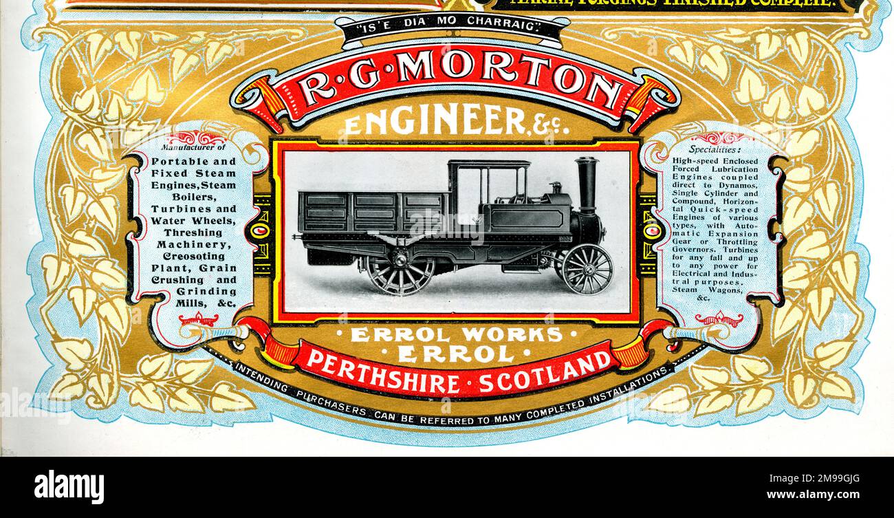 Publicité pour R G Morton, Steam Truck Engineers, Errol Works, Errol, Perthshire, Écosse. Banque D'Images