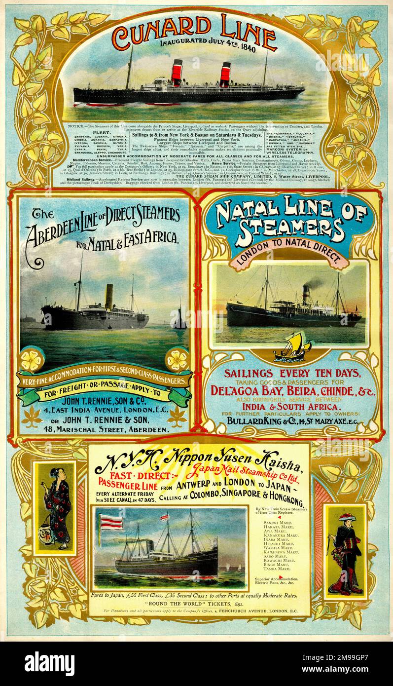 Publicités pour les compagnies maritimes -- Cunard Line, Aberdeen Line, Natal Line et Nippon Yusen Kaisha. Banque D'Images
