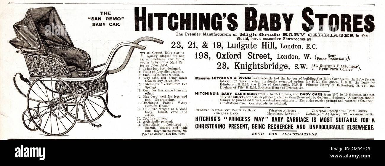 Publicité pour Hitching's Baby Stores, Ludgate Hill, Oxford Street et Knightsbridge, Londres, avec le San Remo Baby Carriage. Banque D'Images