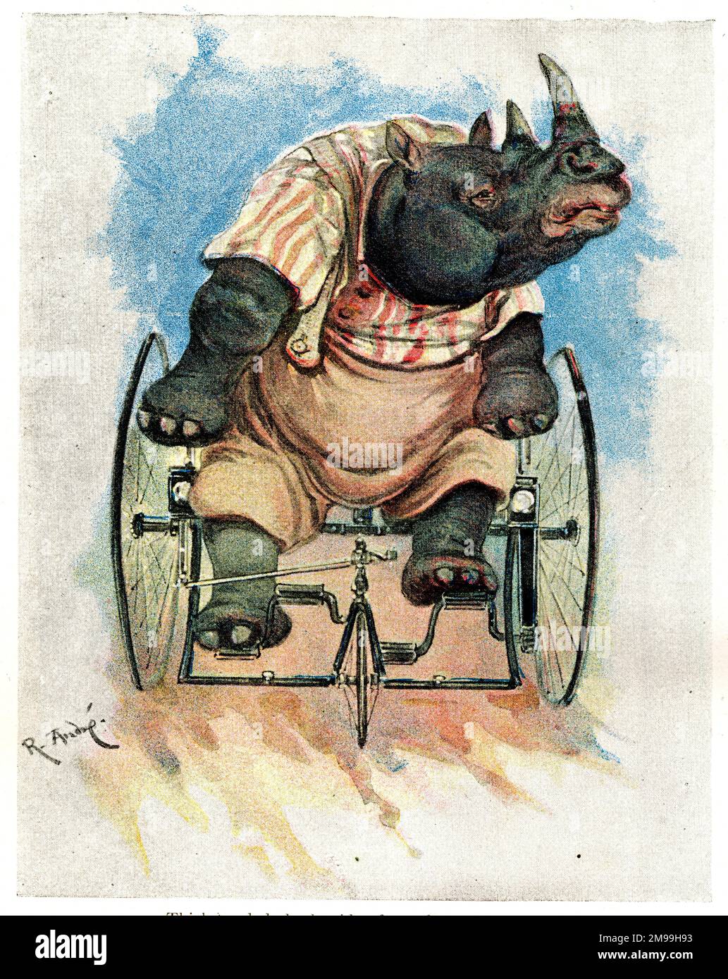 Animaux de zoo à jour sur les cycles - Rhinoceros sur un Velociede. Banque D'Images