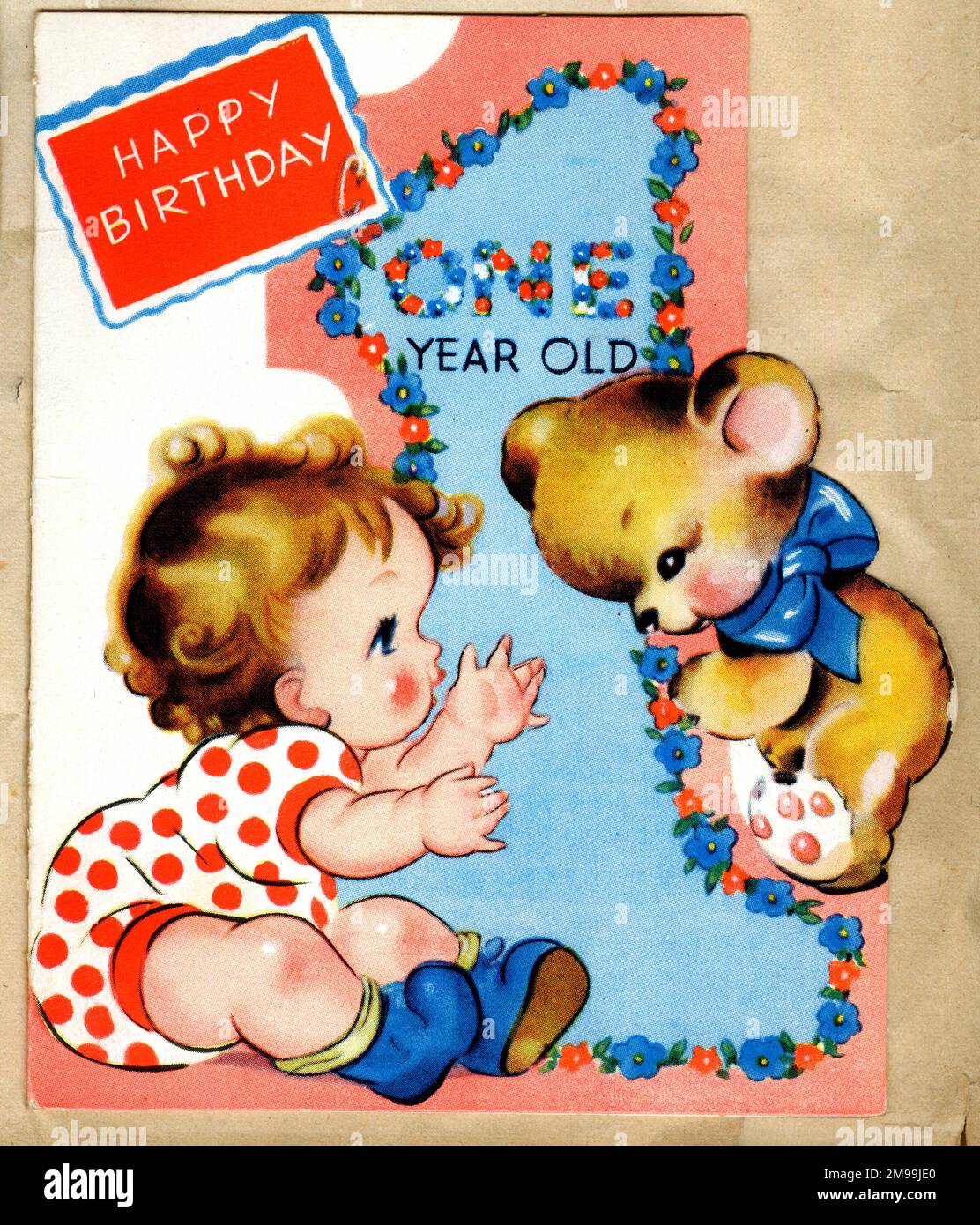 Carte d'anniversaire, un an, bébé et ours en peluche -- Joyeux anniversaire. Banque D'Images