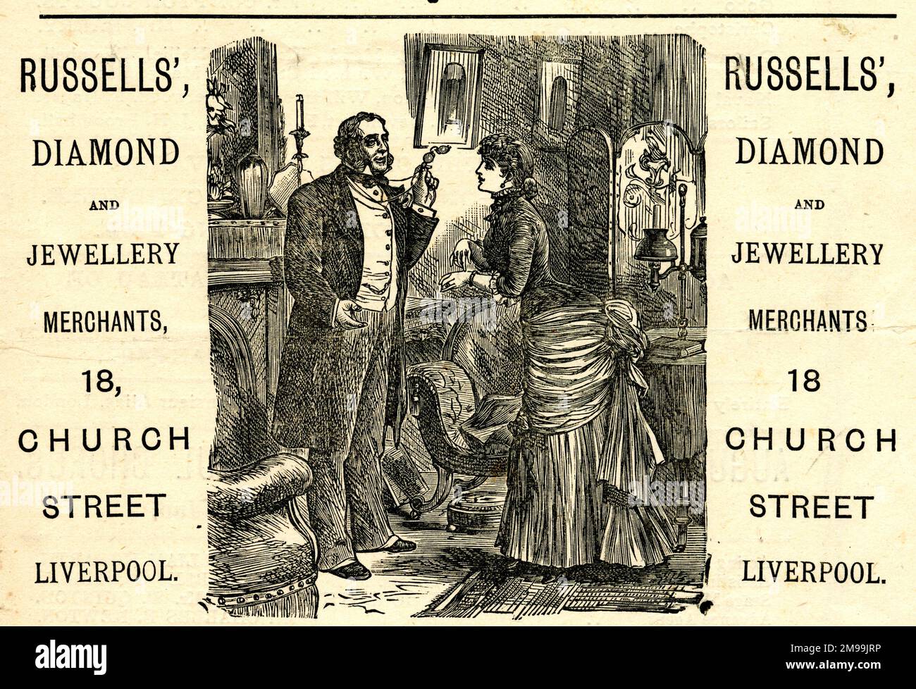 Publicité pour Russells, marchands de diamants et de bijoux, Church Street, Liverpool. Banque D'Images