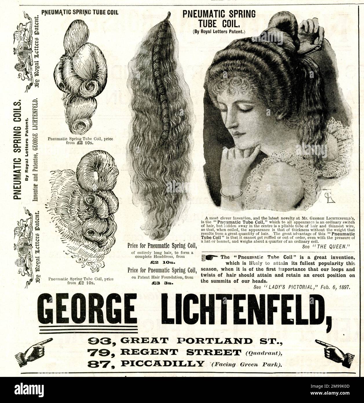 Publicité pour George Lichtenfeld, Great Portland Street, Regent Street et Piccadilly, Londres, coiffures pour femmes, Extensions, etc Banque D'Images