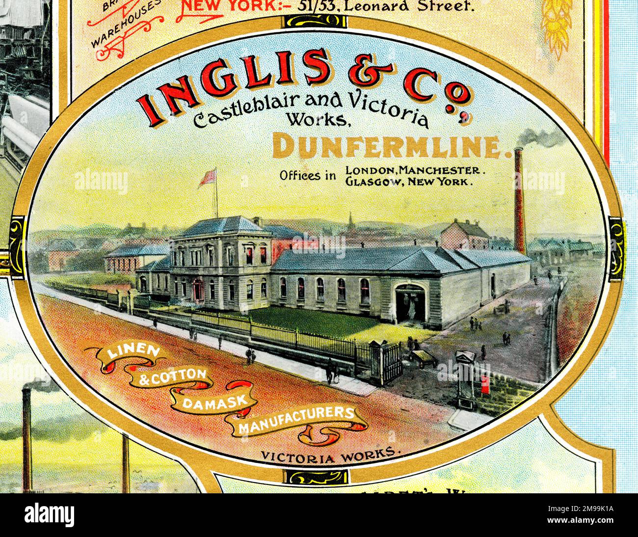 Publicité pour Inglis & Co, les fabricants de lin et de coton, Castleblair et Victoria Works, Dunfermline, Écosse. Banque D'Images