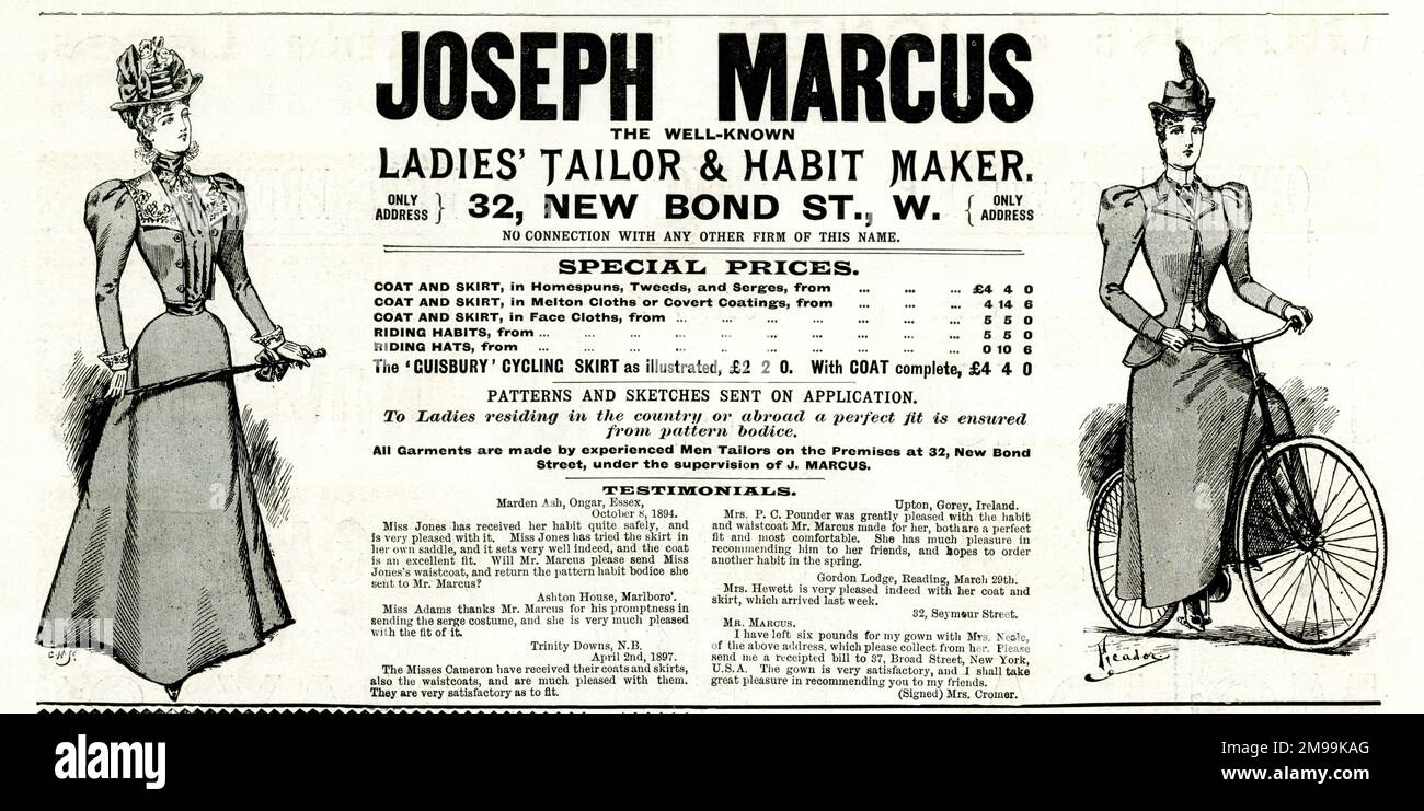 Publicité pour Joseph Marcus, New Bond Street, Londres, Ladies' Tailor and Habit Maker. Banque D'Images