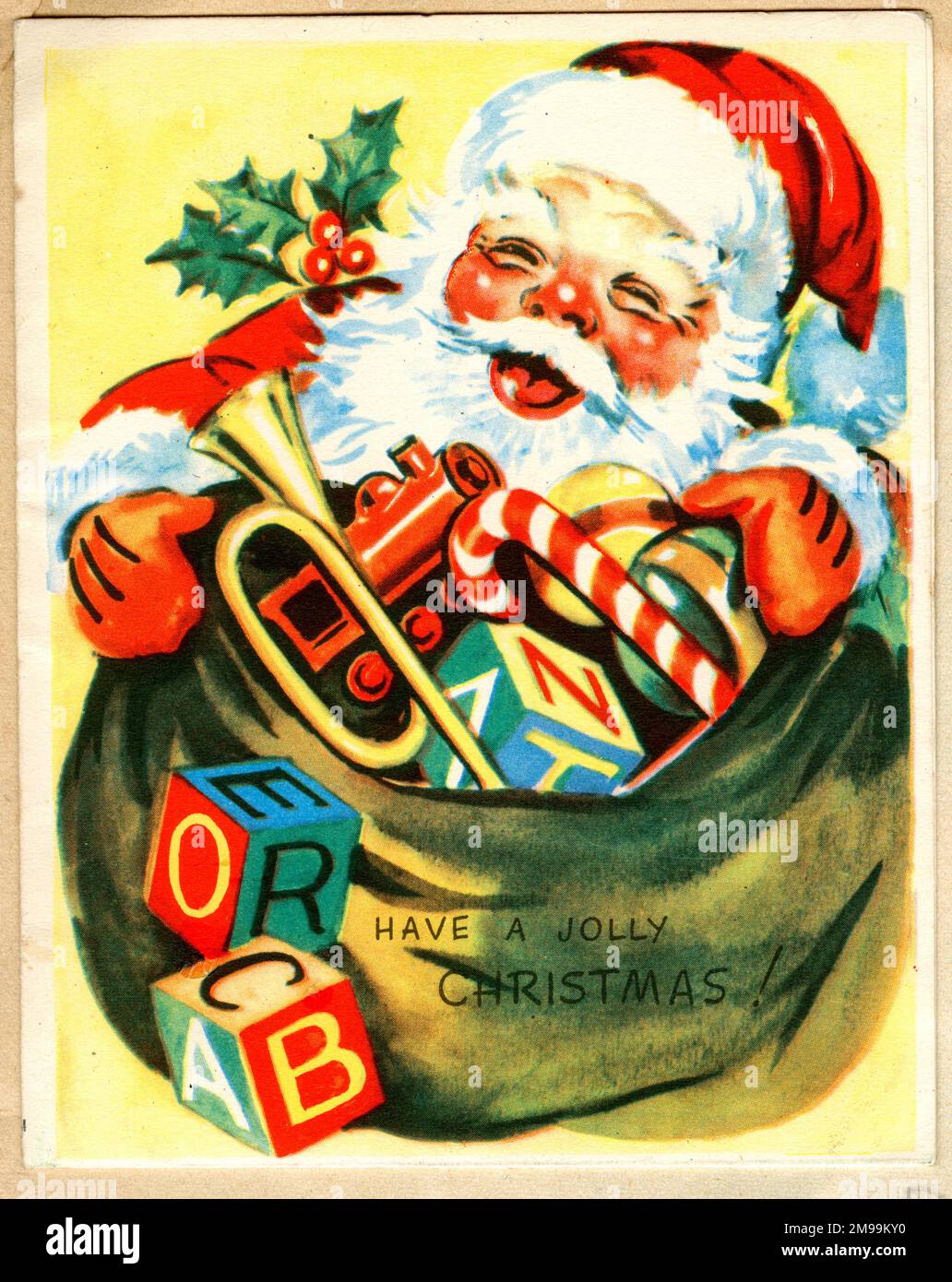 Carte de Noël, Père Noël avec son sac. Banque D'Images