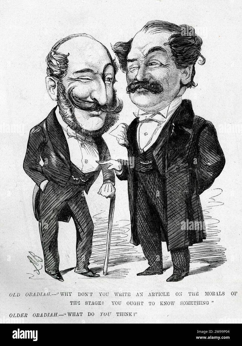 Caricature, deux Obadiahs. « Pourquoi n'écrivez-vous pas un article sur la morale de la scène ? Vous devez savoir quelque chose. » ... 'Qu’en pensez-vous ?' Peut-être une référence à J Willing Senior et J Willing Junior, connu sous le nom de deux Obadiahs, bien que 'James Willing' soit en fait un pseudonyme pour John Thomas Douglass (1842-1917), directeur du Standard Theatre, Shoreditch, Londres. Il n'est pas clair si le jeune 'volontaire' existait ou était simplement un autre pseudonyme, pour éviter que le nom de Douglass apparaisse comme l'auteur de trop de pièces. Banque D'Images