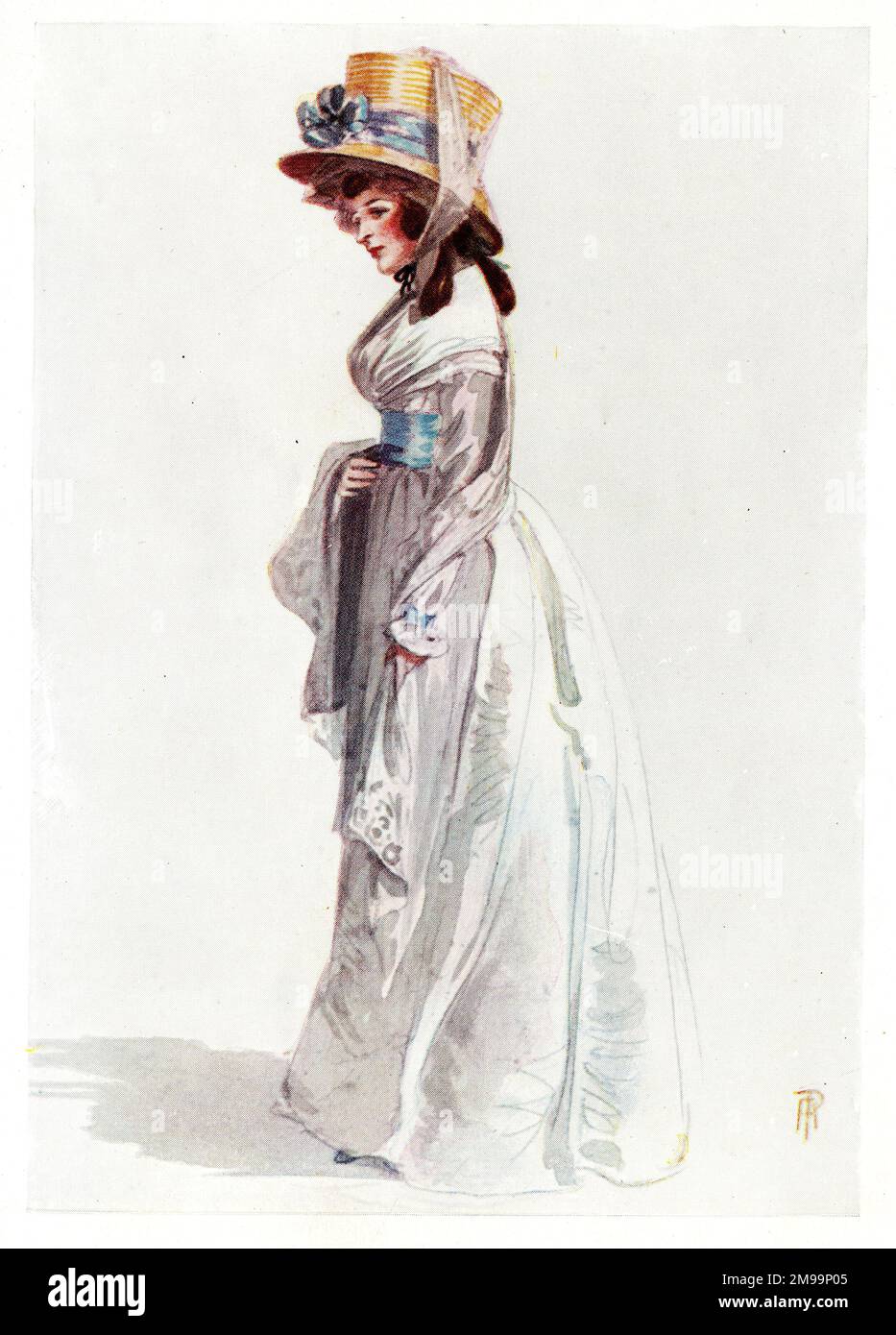 Femme du XVIIIe siècle dans une robe blanche et un chapeau de paille. Banque D'Images