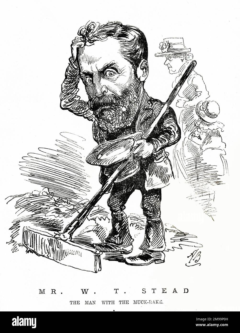 Caricature, W T Stead, rédacteur en chef de la Pall Mall Gazette, décrit ici comme l'homme avec le Muck-Rake, grâce à sa couverture du scandale de la prostitution des enfants et de la traite des esclaves blancs. Banque D'Images