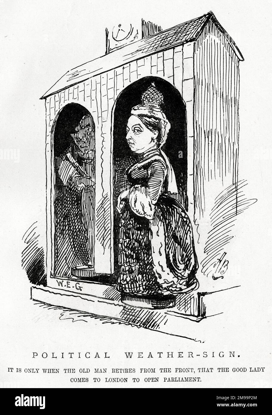 Caricature, signe de temps politique, Reine Victoria et Gladstone - ce n'est que lorsque le vieil homme prend sa retraite du front, que la bonne dame vient à Londres pour ouvrir le Parlement. Banque D'Images