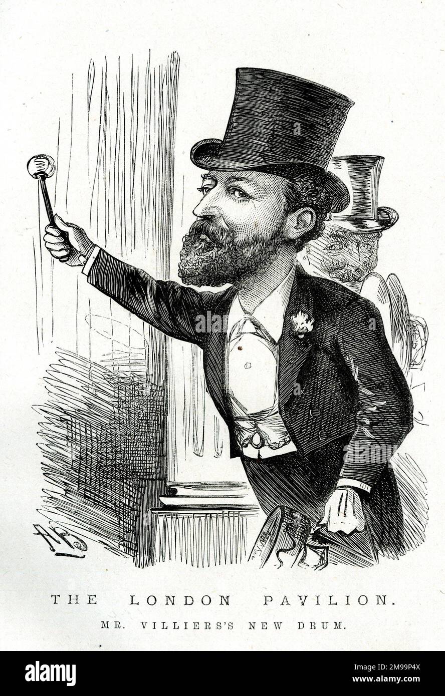 Caricature, le Pavillon de Londres, le Nouveau tambour de M. Villiers. Robert Edwin Villiers (1830-1904) était propriétaire de la nouvelle salle de luxe du London Pavilion à Piccadilly Circus. Banque D'Images