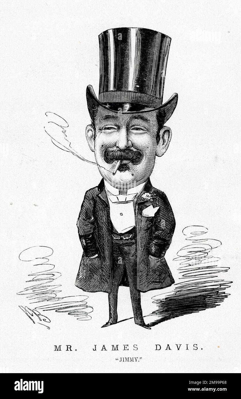 Caricature, M. James (Jimmy) Davis (1853-1907), nom de plume Owen Hall (un pun sur 'due All', se référant à son jeu et à son style de vie extravagant), écrivain de théâtre irlandais, librettiste, correspondant de course, critique de théâtre et avocat. Banque D'Images