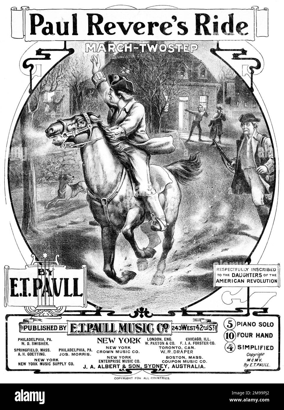 Couverture musicale, Paul Revere's Ride, March-TwoStep, par E T Paull, inscrit respectueusement aux filles de la Révolution américaine. Banque D'Images