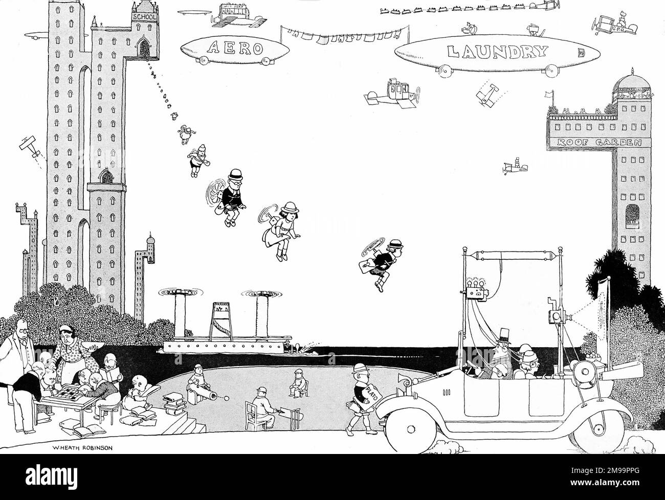 William Heath Robinson, pas maintenant mais bientôt, le livre d'émerveillement de l'époque et maintenant, endpapers arrière - Aero Laundry. Banque D'Images