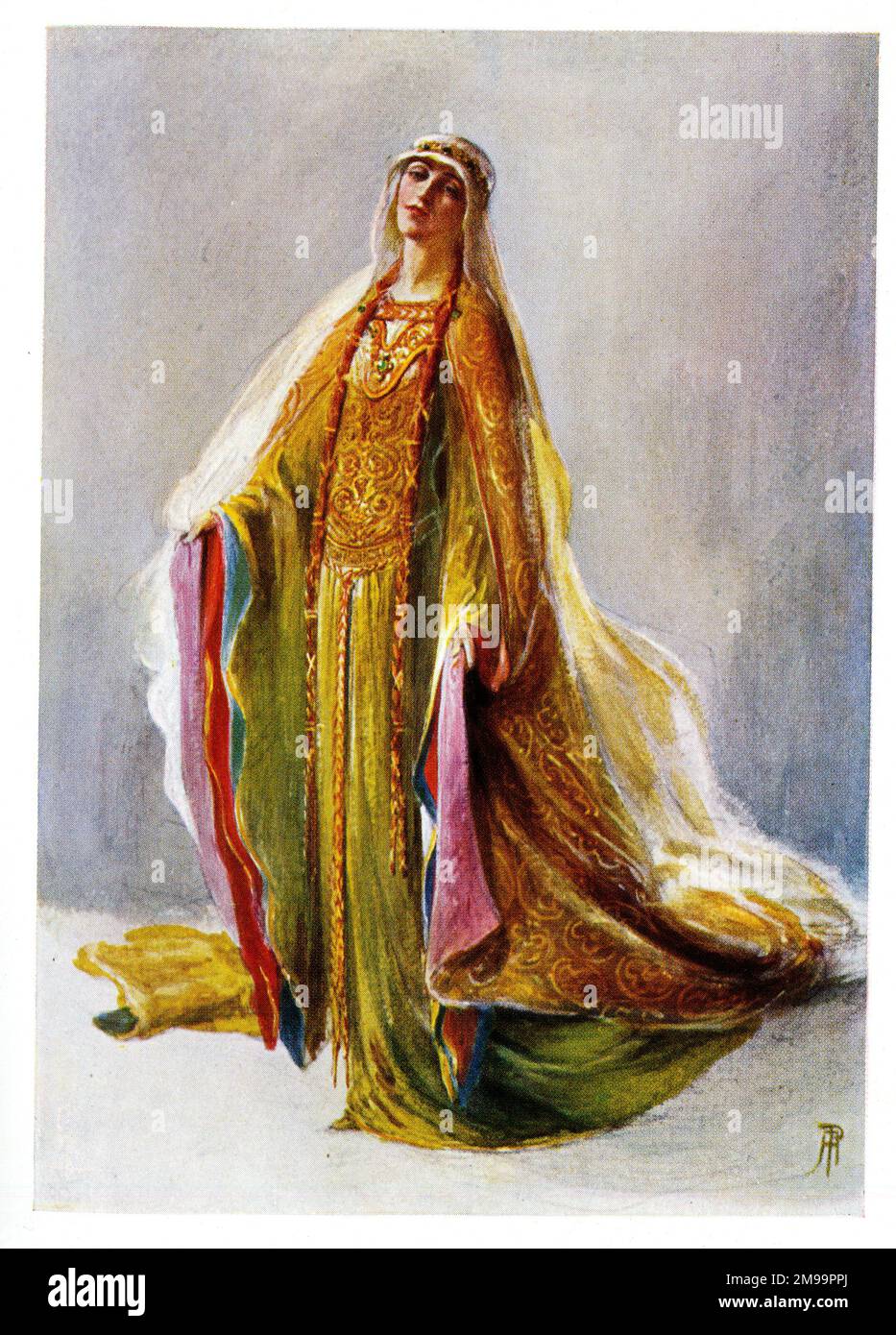 Femme du XIIe siècle en costume coloré. Banque D'Images