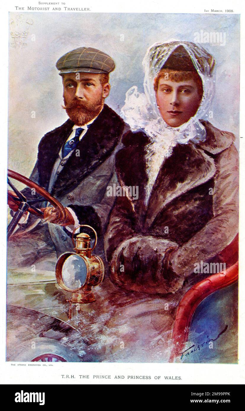 Le prince et la princesse de Galles (plus tard le roi George V et la reine Mary) dans une voiture. Banque D'Images