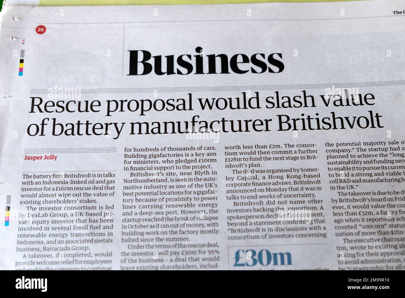 "La proposition de sauvetage va réduire la valeur du fabricant de batterie Britishvolt" Guardian journal titre d'affaires 11 janvier 20223 Londres Royaume-Uni Banque D'Images