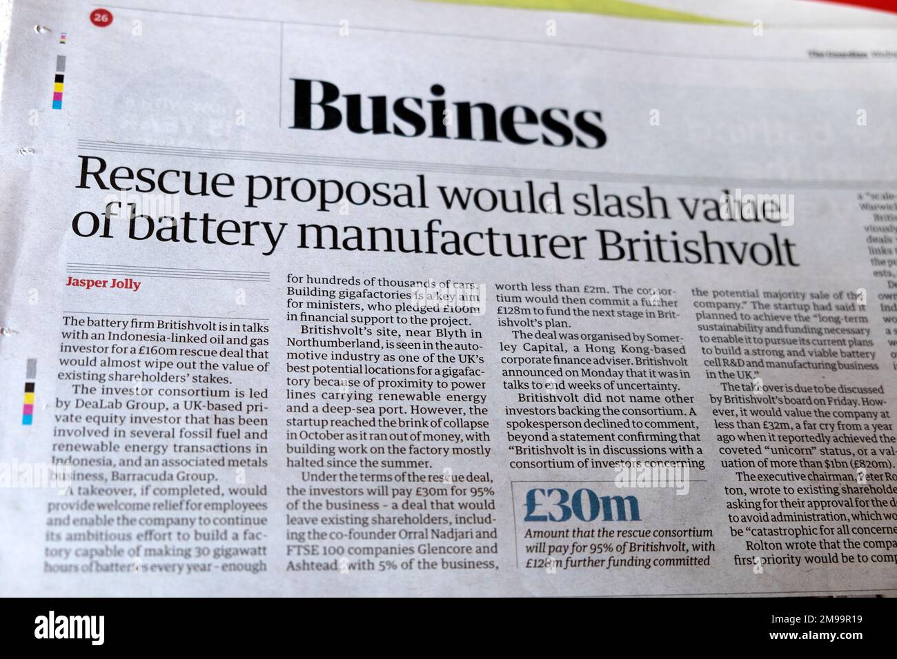 "La proposition de sauvetage va réduire la valeur du fabricant de batterie Britishvolt" Guardian journal titre d'affaires 11 janvier 20223 Londres Royaume-Uni Banque D'Images