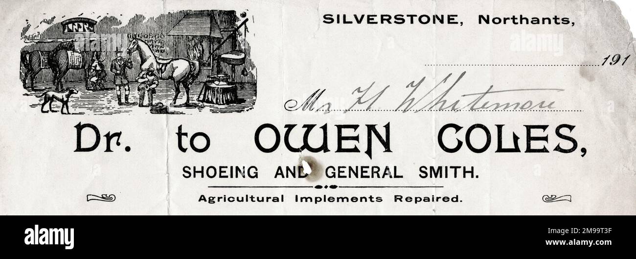 La facture de Farrier, Owen Coles, raquette et General Smith, Silverstone, Northamptonshire. Banque D'Images