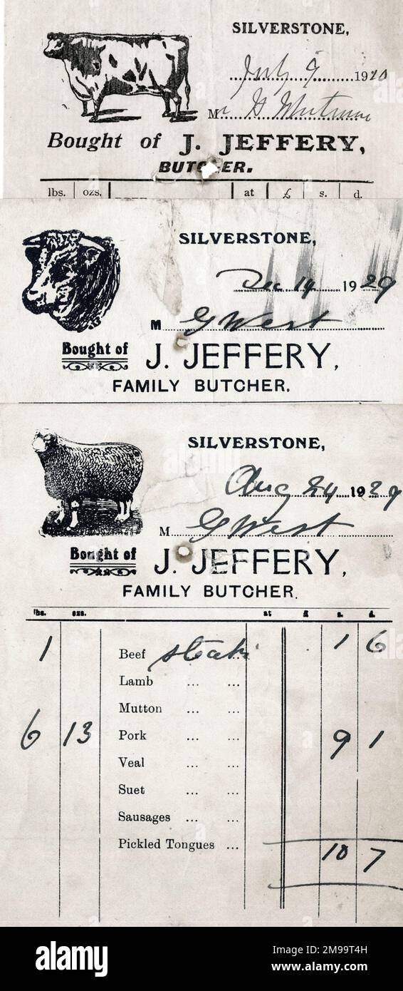 Les reçus de boucher, J. Jeffery, de Silverstone, Northamptonshire, en date des 1910, 1929 et 1939. Banque D'Images