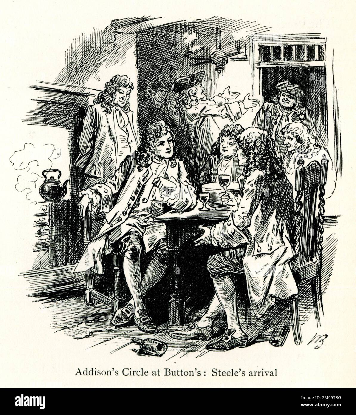 Le cercle de Joseph Addison à Button's Coffee House, Russell Street, Covent Garden, Londres - arrivée de Richard Steele. Banque D'Images