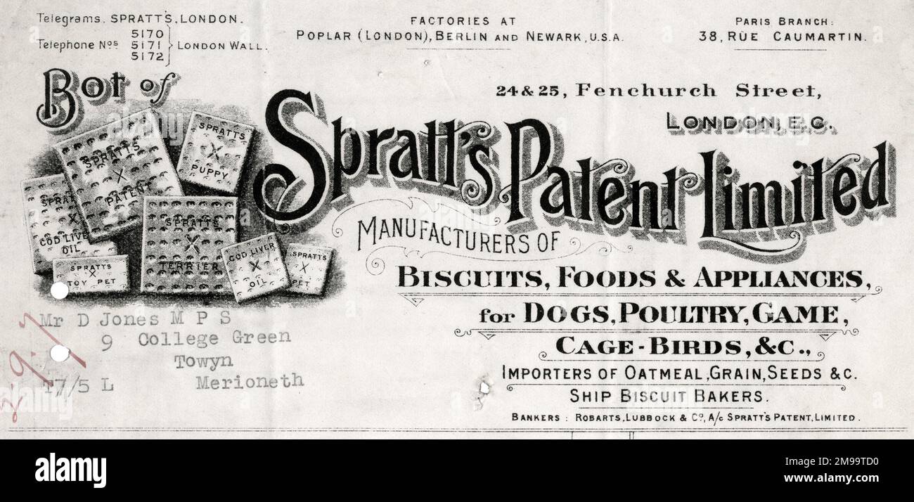 Papeterie, Spratt's Patent Limited, Fenchurch Street, Londres, fabricants de biscuits, aliments et appareils pour chiens, volailles, gibier, oiseaux en cage, etc Banque D'Images