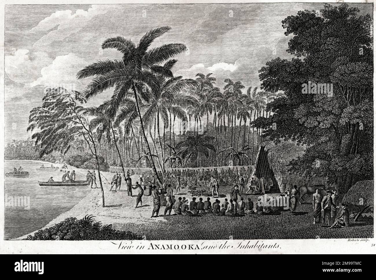Vue à Anamooka et les habitants - une scène sur la côte des Tonga, nommée les îles amies en raison de la réception donnée au troisième voyage de James Cook dans le Pacifique en mai 1777. Banque D'Images