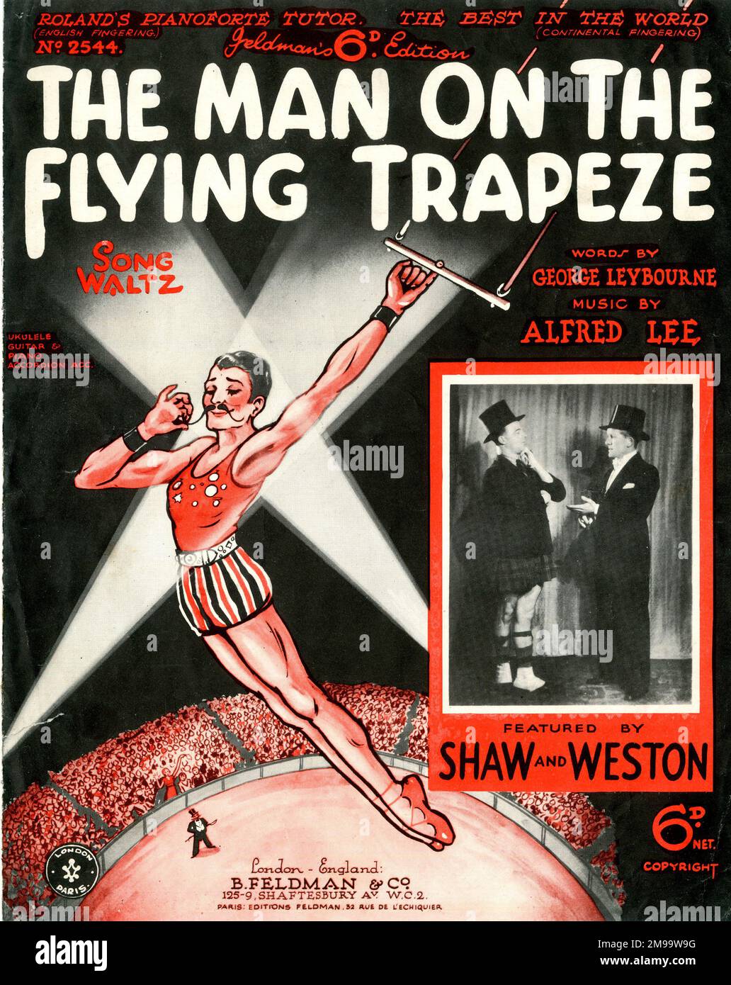 Couverture musicale, The Man on the Flying Trapeze, valse musicale, paroles de George Leybourne, musique d'Alfred Lee, interprétée par Shaw et Weston. Banque D'Images