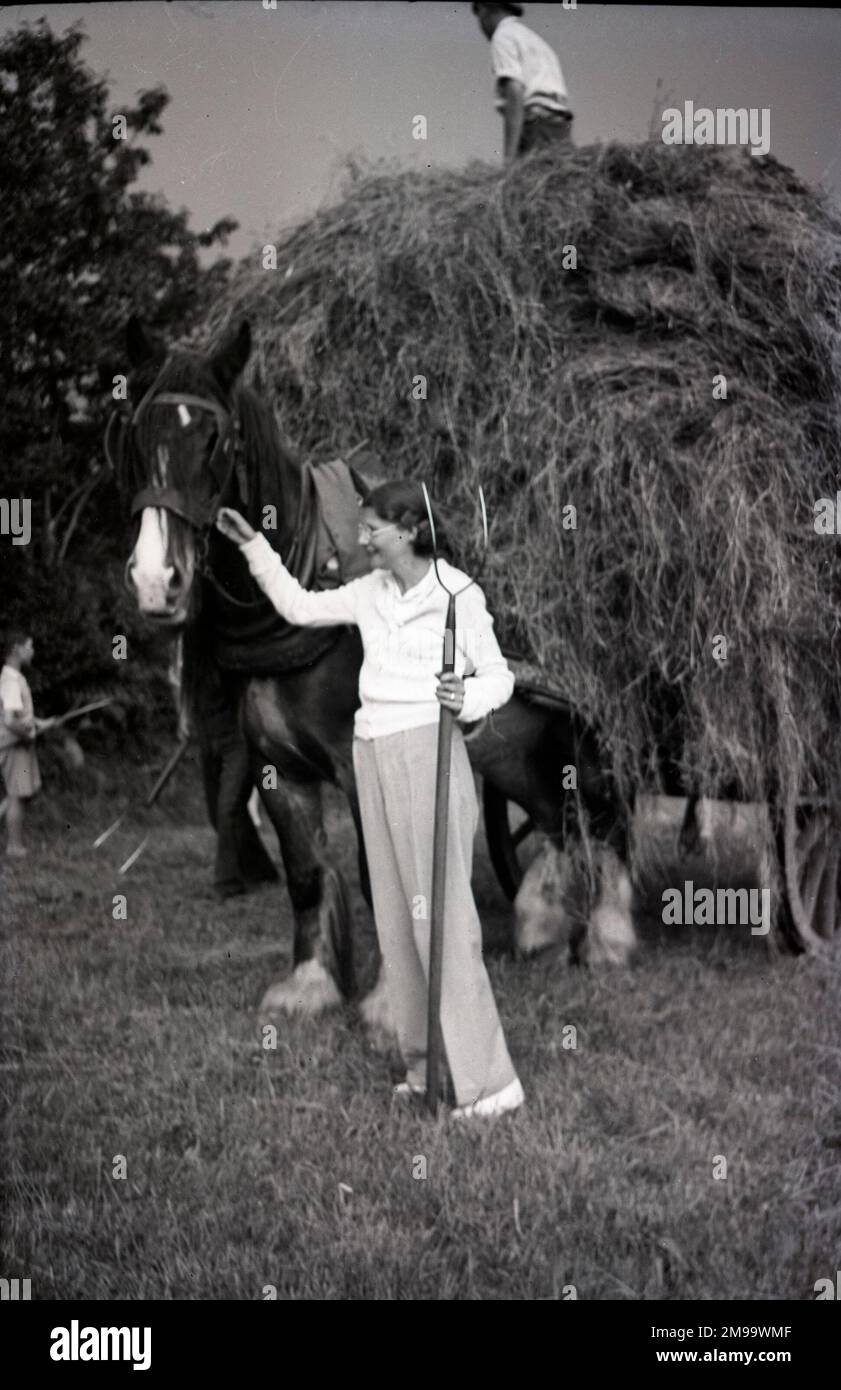Une femme avec une fourche qui a fouleux un cheval devant une charrette. Banque D'Images