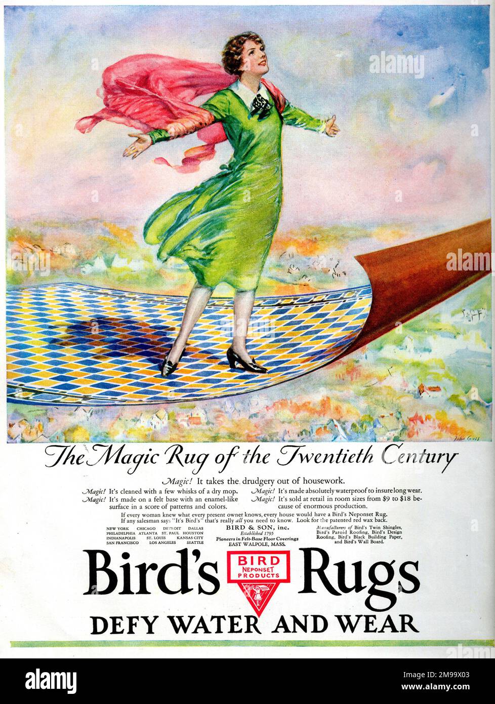 Publicité, tapis d'oiseau -- défier l'eau et l'usure. Le tapis magique du XXe siècle. Banque D'Images