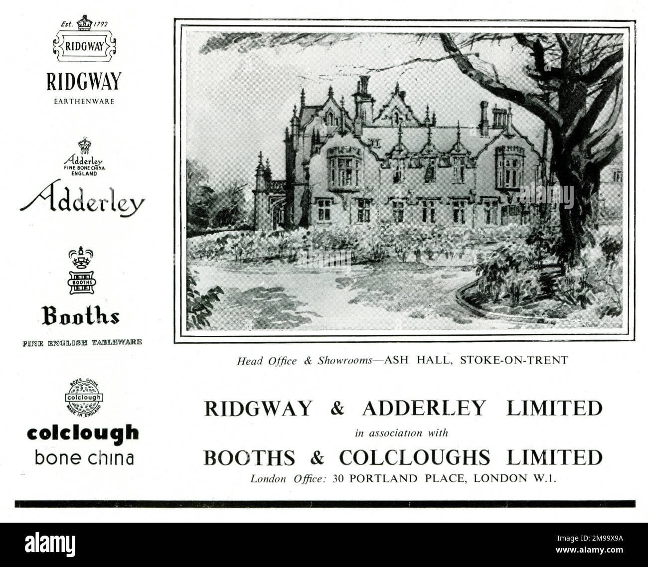 Publicité pour Ridgway & Adderley Limited en association avec stands & Colclaugs Limited, Ash Hall, Stoke-on-Trent et Portland place, Londres. Banque D'Images