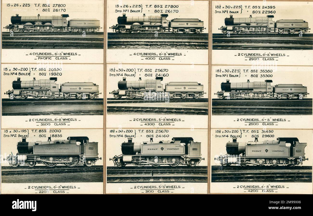 1. 111 'The Great Bear', 4 cylindres 6-8 roues, classe Pacifique. 2. 4040 'Queen Boadicea', 4 cylindres 6-8 roues, classe 4000. 3. 2034 'Butleigh court', 2 cylindres 6-8 roues, classe 2900. 4. 3821 'Comté de Bedford', 2 cylindres 6-8 roues, 3800 classe. 5. 4302, 2 cylindres 5-8 roues, classe 4300. 6. 2840, 2 cylindres 4-8 roues, classe 2800. 7. 2230, 2 cylindres 6-8 roues, classe 2200. 8. 3169, 2 cylindres 5-8 roues, classe 3100. 9. 4202, 2 cylindres 4-8 roues, classe 4200. Banque D'Images