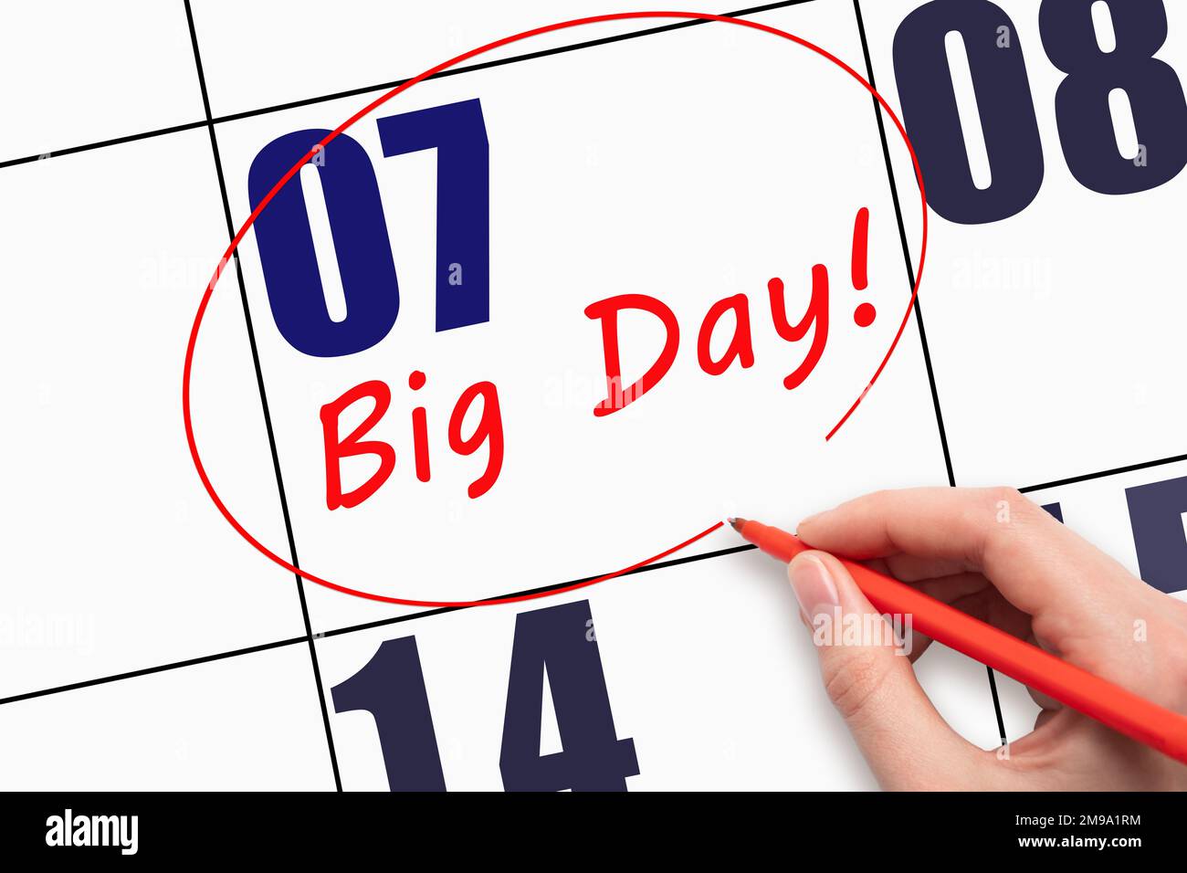 7th jour du mois. Écrire du texte à la main LE GRAND JOUR et faire le tour de la date du calendrier. Entreprise. Concept du jour de l'année. Banque D'Images