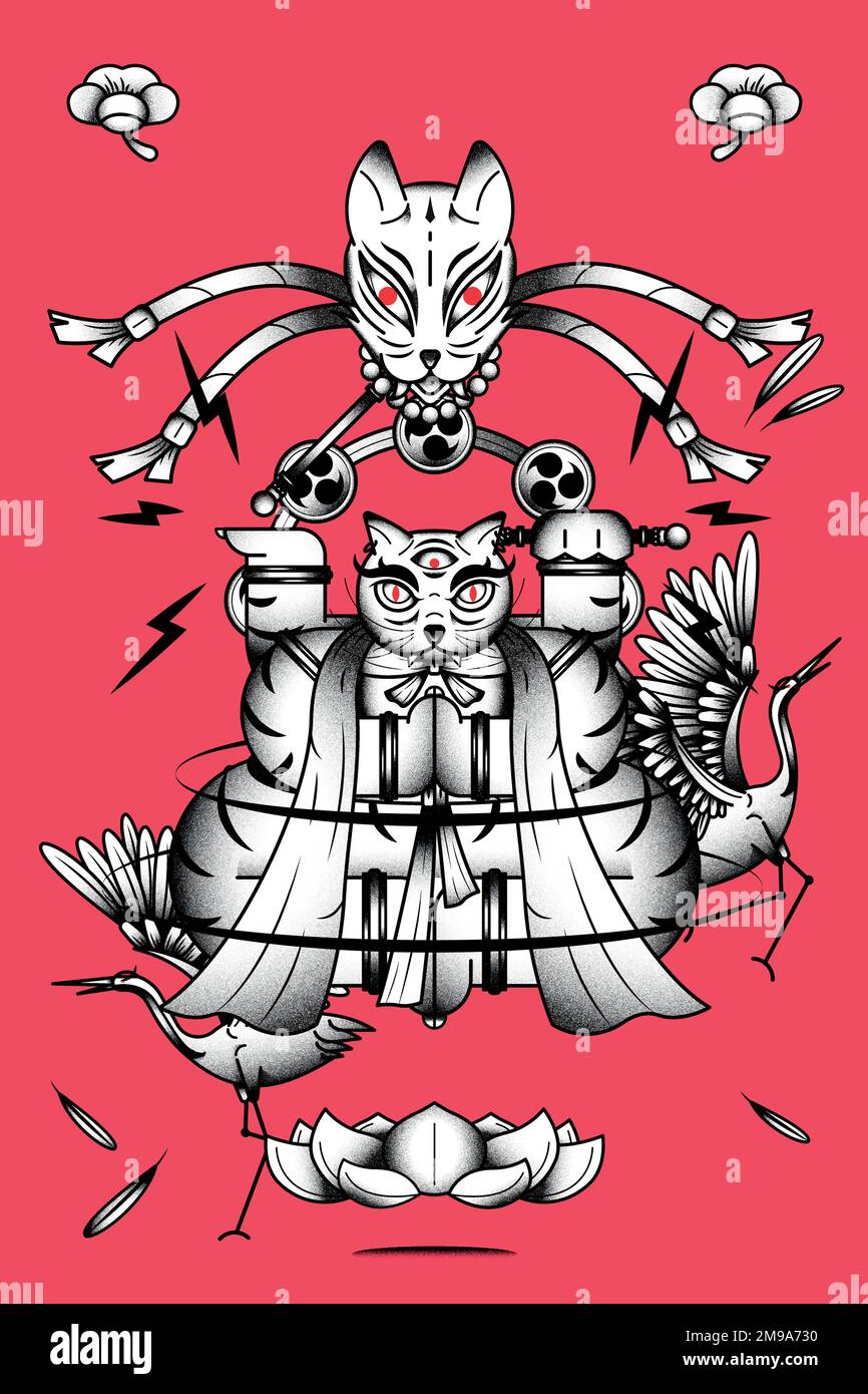 Bakeneko avec des tambours Raijin, élément de chat monstre japonais sur fond rouge Illustration de Vecteur